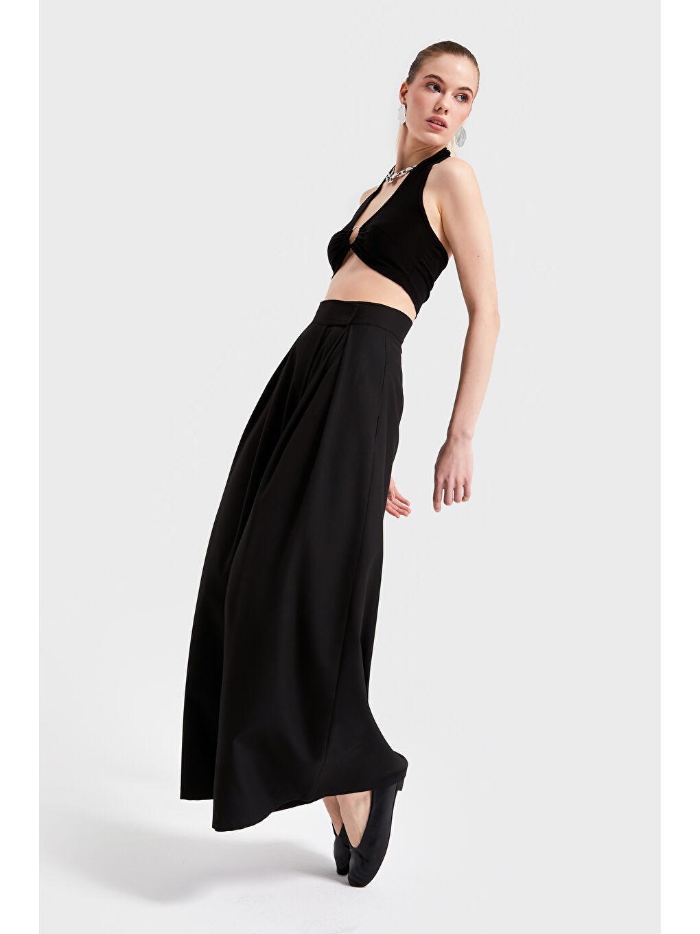 Kadın Siyah Renk S5-1 Dokuma Kumaş Süper Palazzo Rahat Kesim Kumaş Pantolon-2