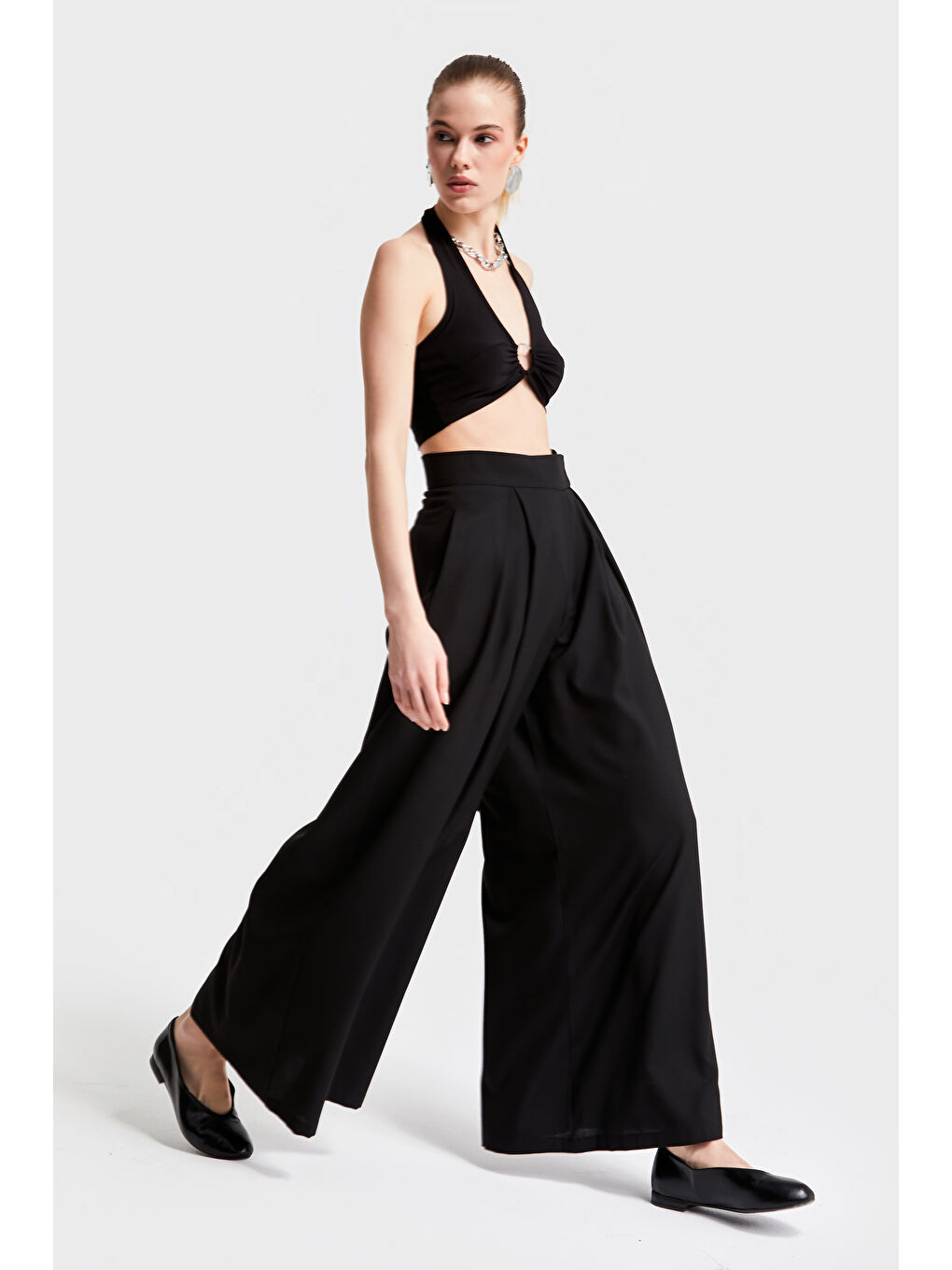 Kadın Siyah Renk S5-1 Dokuma Kumaş Süper Palazzo Rahat Kesim Kumaş Pantolon-3