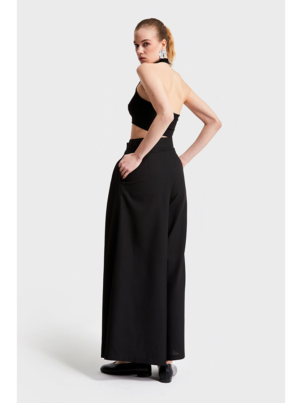 Kadın Siyah Renk S5-1 Dokuma Kumaş Süper Palazzo Rahat Kesim Kumaş Pantolon-4