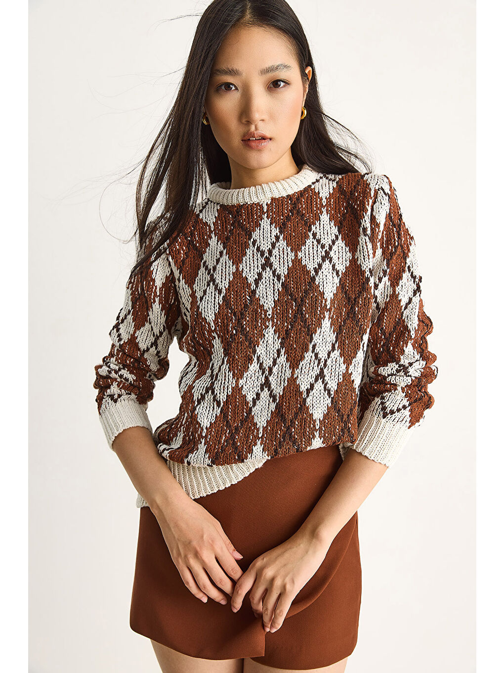 Ekru Kadın Baklavalı Kazak-1