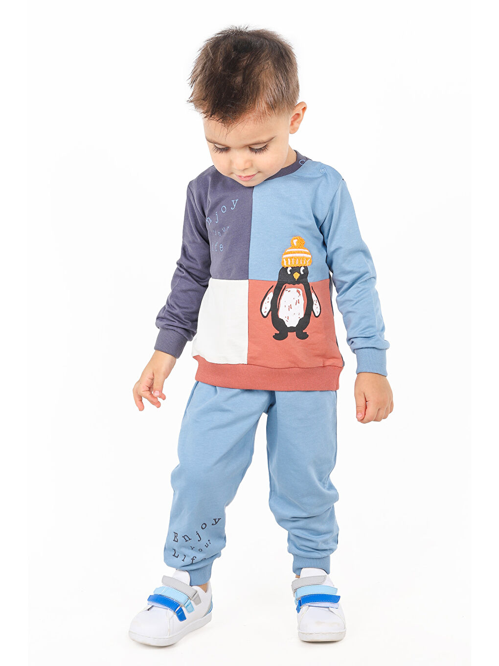 KİKO Mavi Penguen Baskılı Erkek Bebek Sweatshirt Eşofman 2'Li Takım - 1