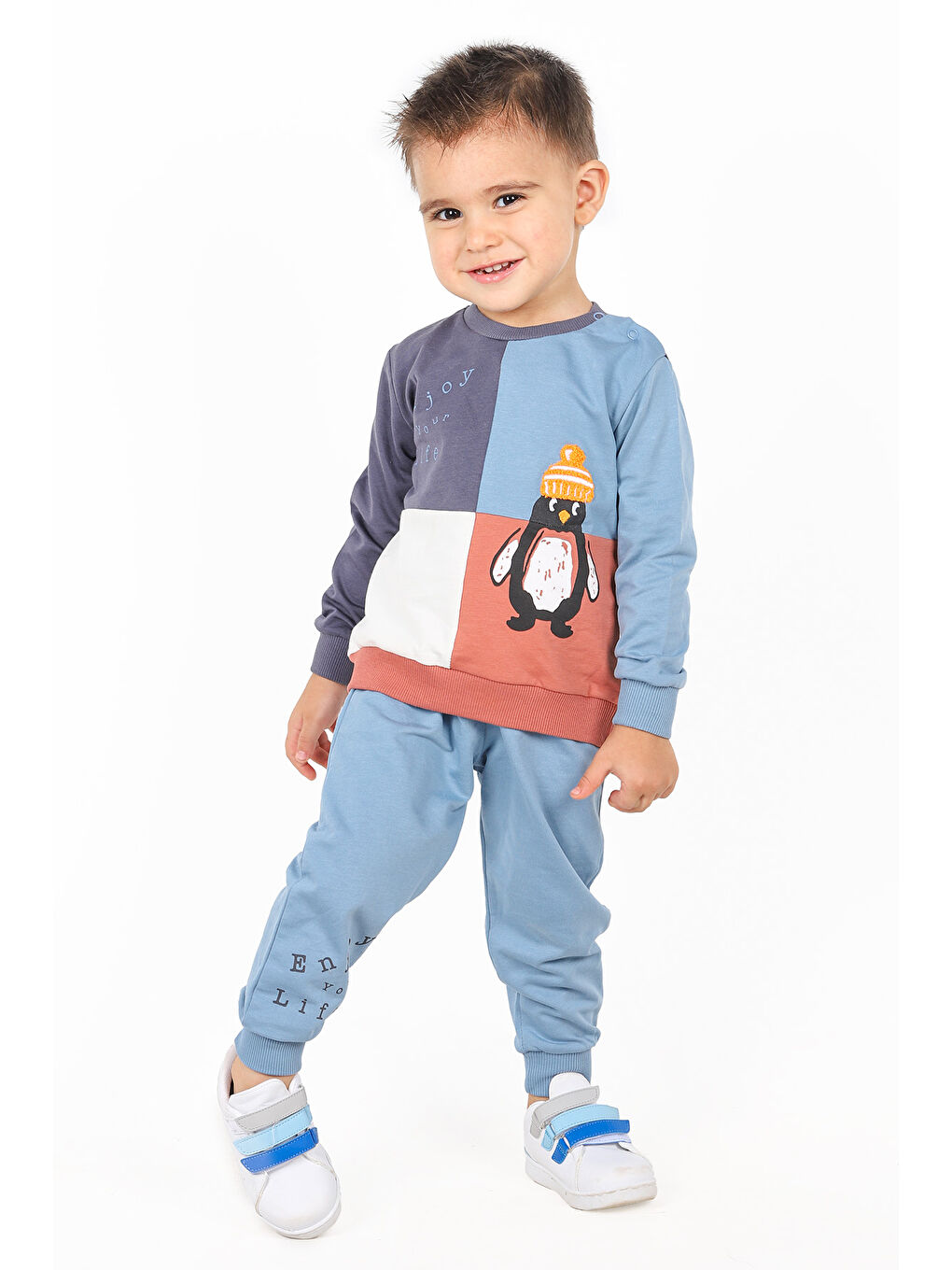 KİKO Mavi Penguen Baskılı Erkek Bebek Sweatshirt Eşofman 2'Li Takım - 3