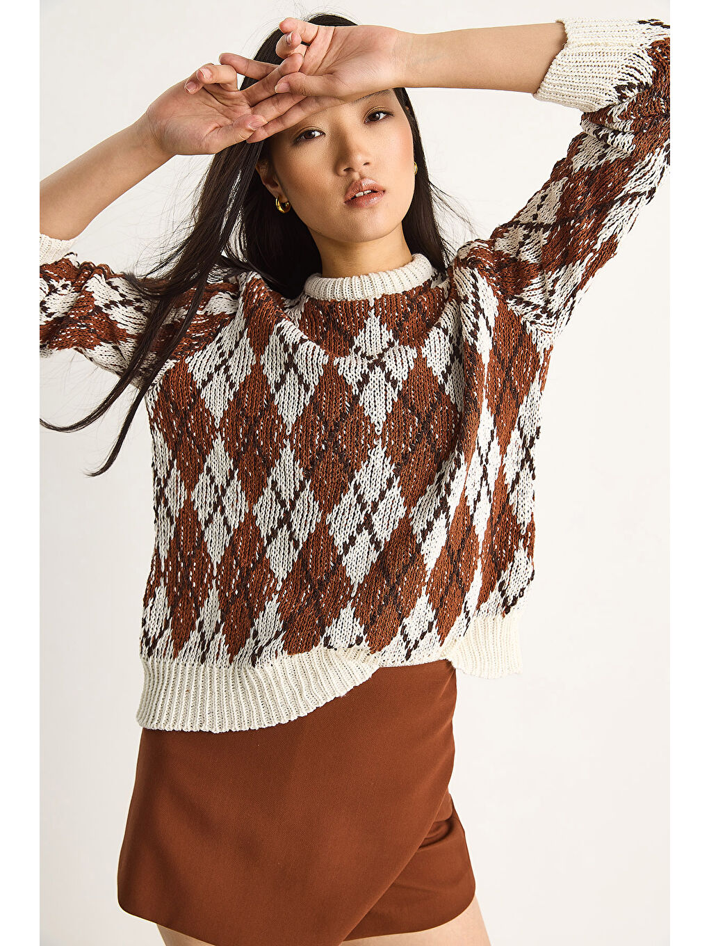 Ekru Kadın Baklavalı Kazak-3