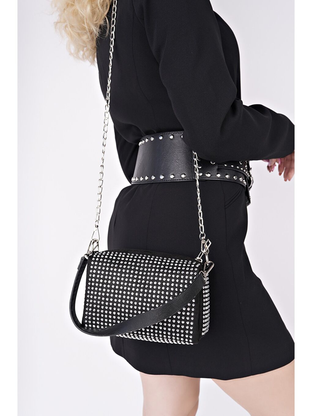 Gri SHİNY Kadın Zincirli ve Taşlı El ve Omuz Çantası