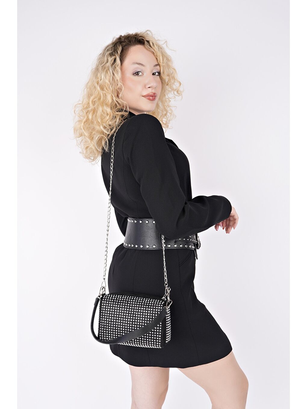 Gri SHİNY Kadın Zincirli ve Taşlı El ve Omuz Çantası-1