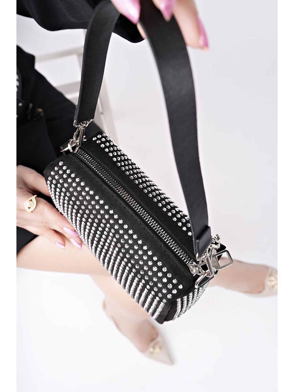 Gri SHİNY Kadın Zincirli ve Taşlı El ve Omuz Çantası-2