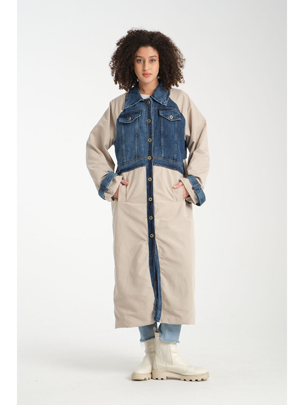 Bej Kadın Denim Trençkot 1076