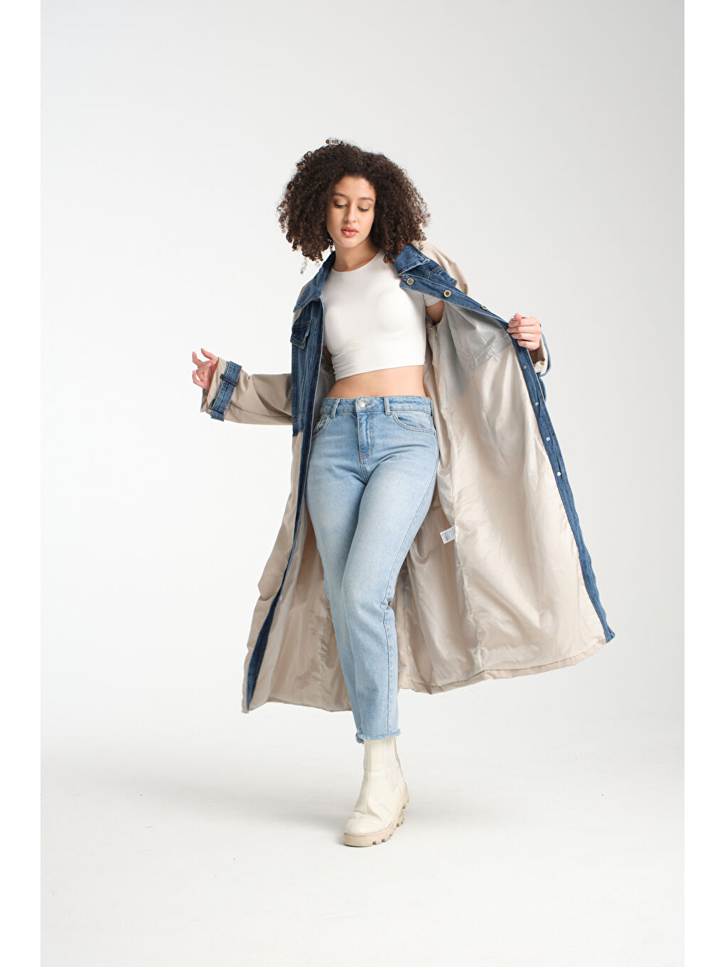 Bej Kadın Denim Trençkot 1076-1