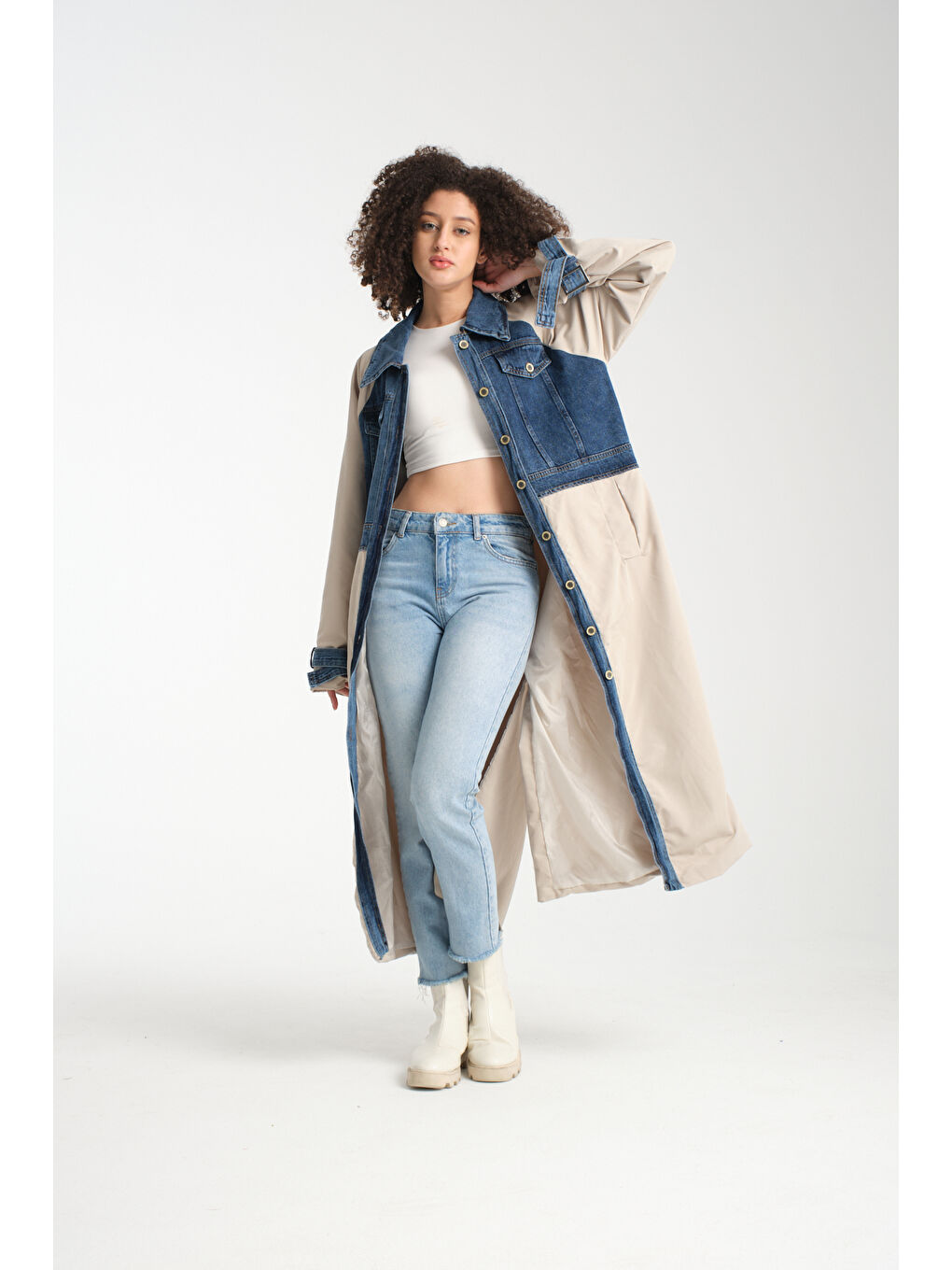 Bej Kadın Denim Trençkot 1076-4