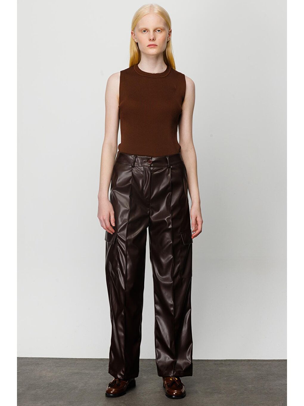 Kahverengi Deri Kargo Pantolon - Kahve