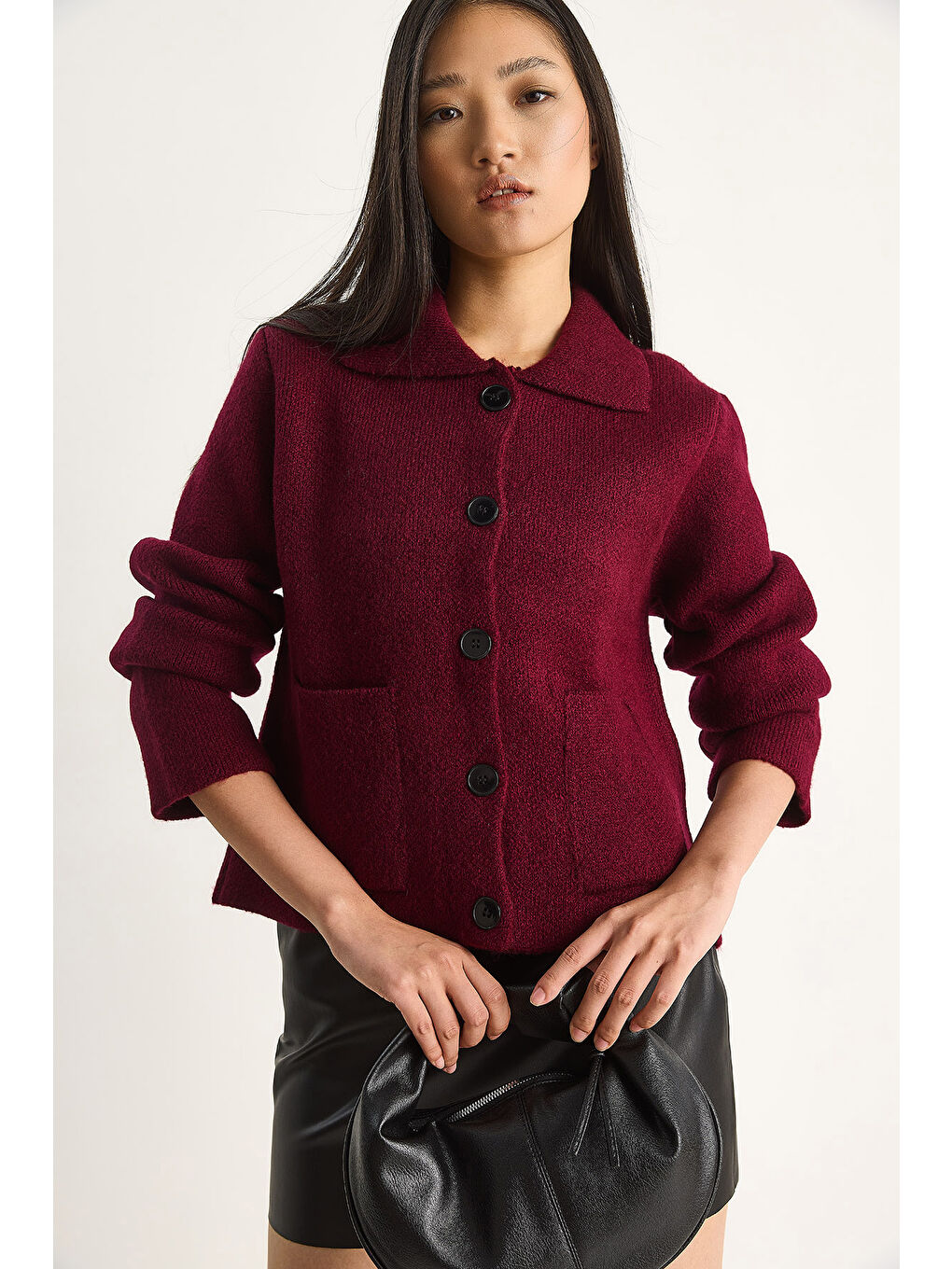 Bordo Kadın Cepli Hırka-1