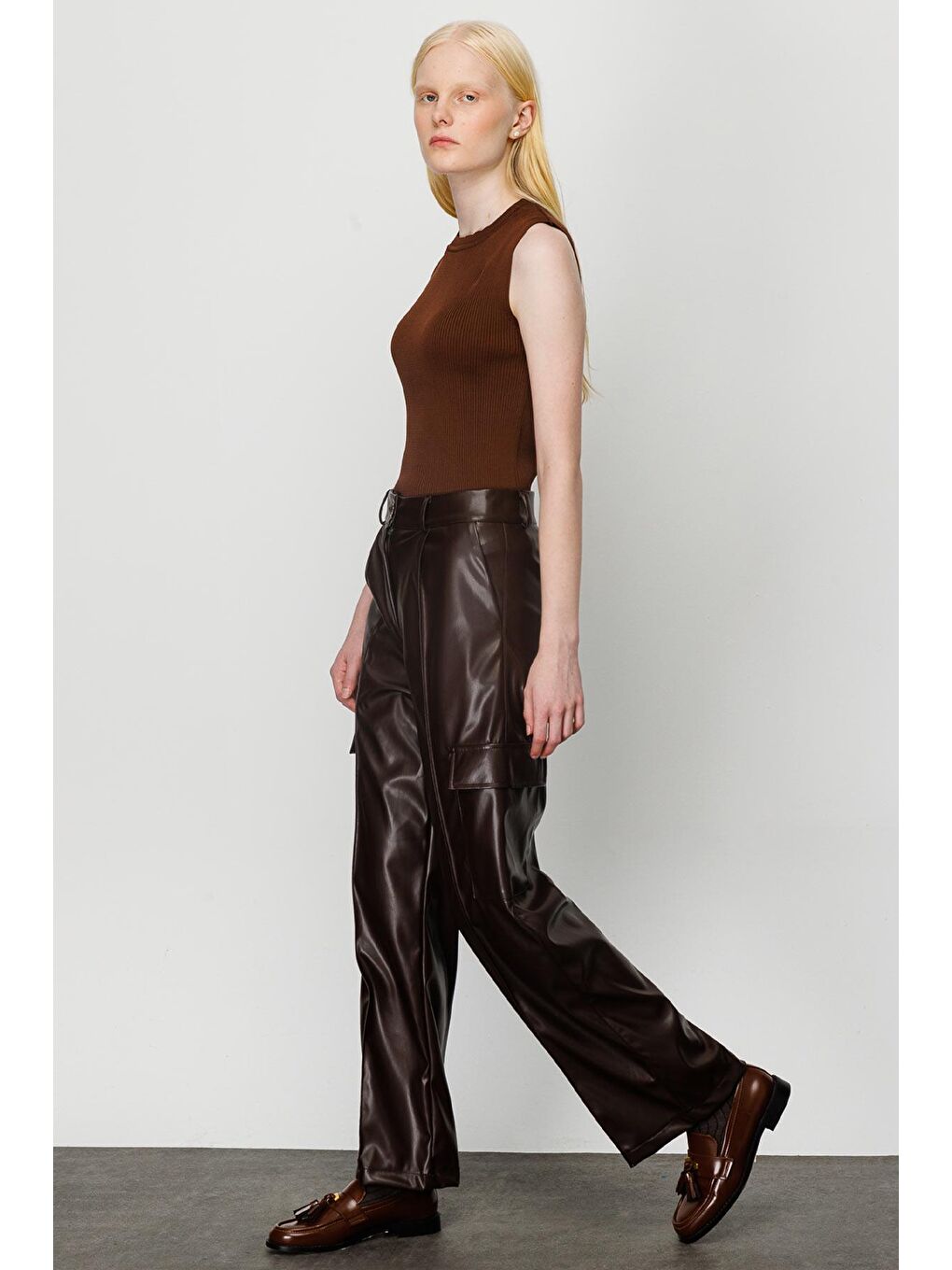 Kahverengi Deri Kargo Pantolon - Kahve-1