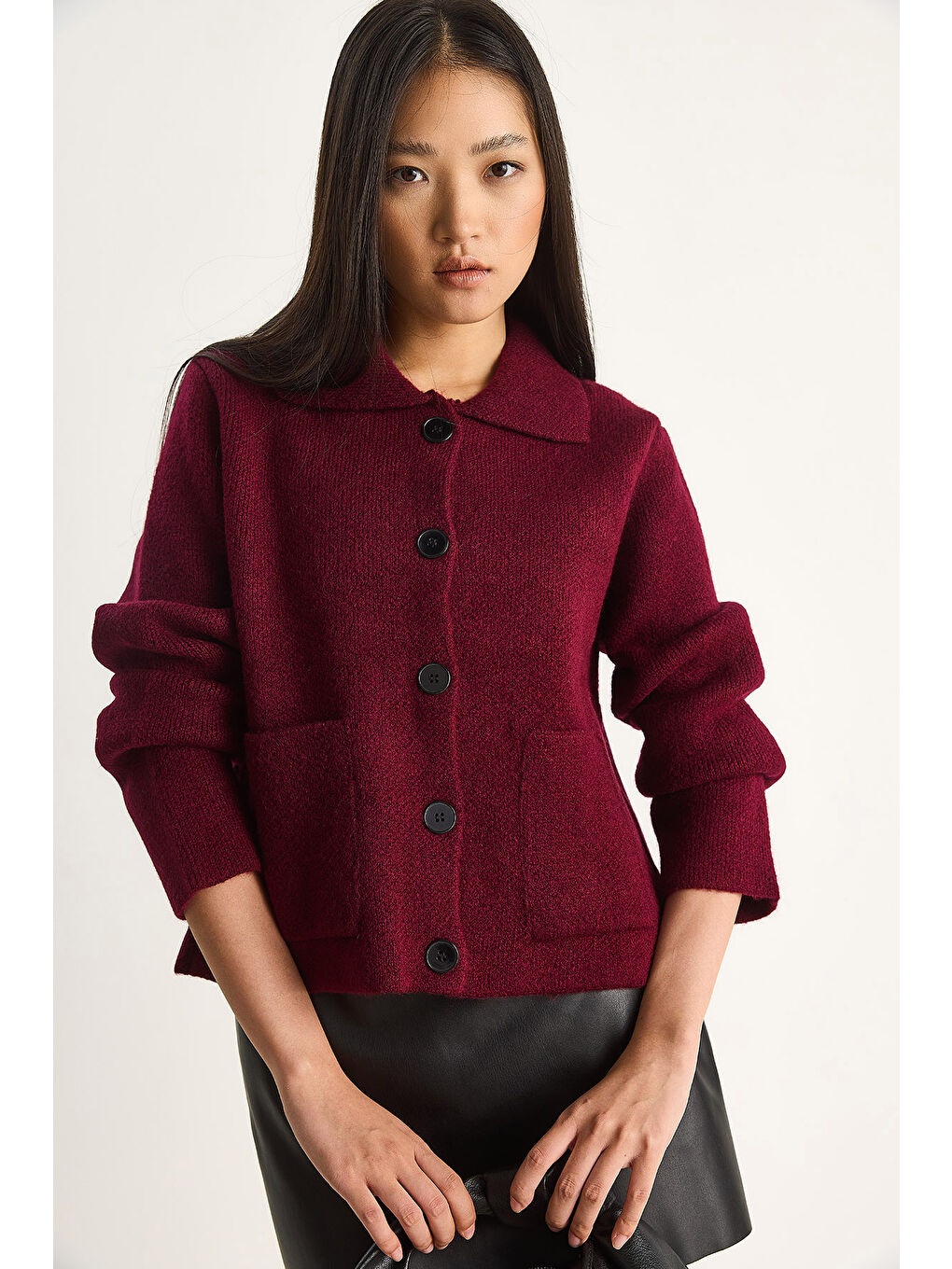 Bordo Kadın Cepli Hırka-2