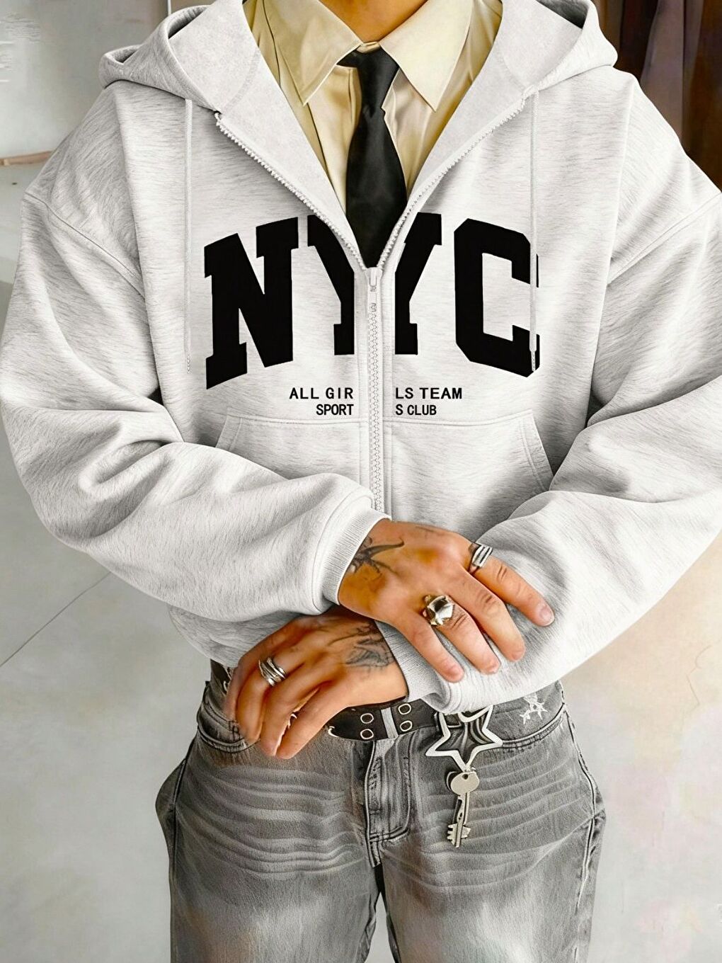 Gri Nyc Baskı Kapüşon Detay Fermuarlı Erkek Hırka