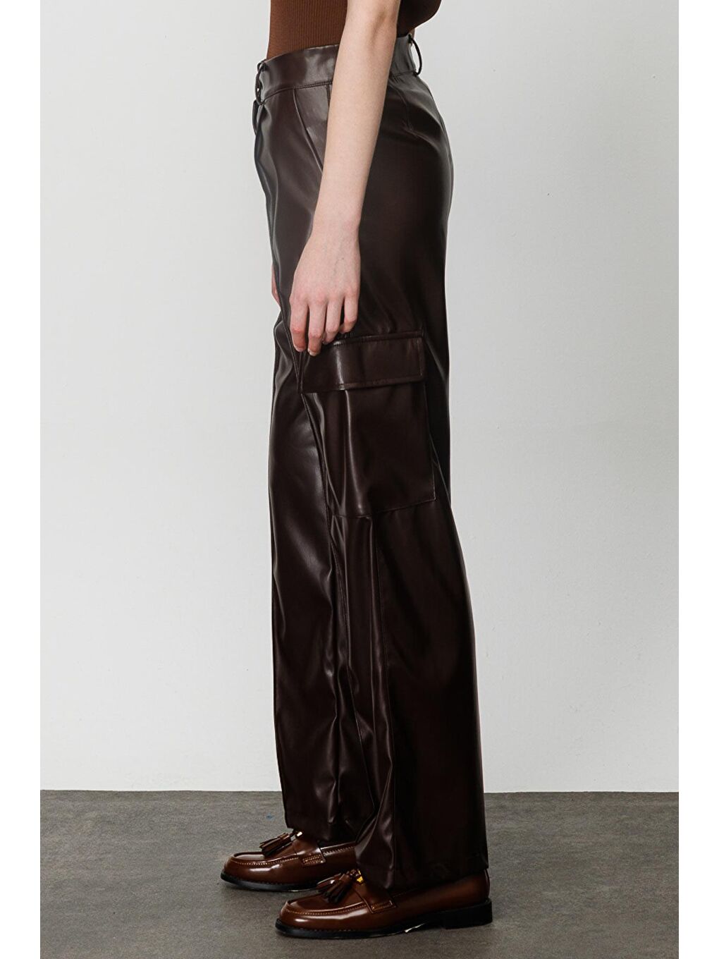 Kahverengi Deri Kargo Pantolon - Kahve-2