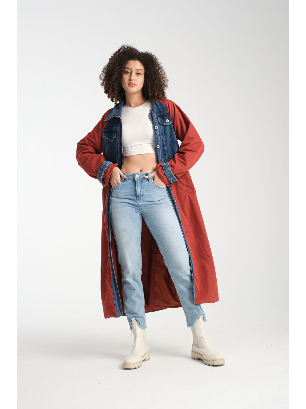 Kırmızı Kadın Denim Trençkot 1076