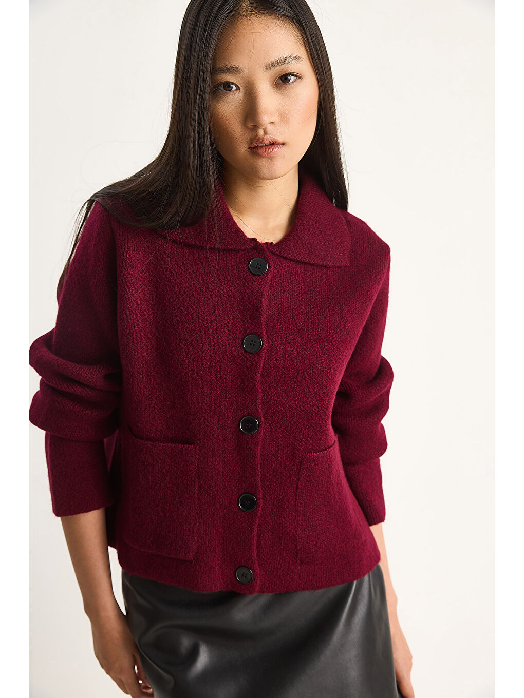 Bordo Kadın Cepli Hırka-3