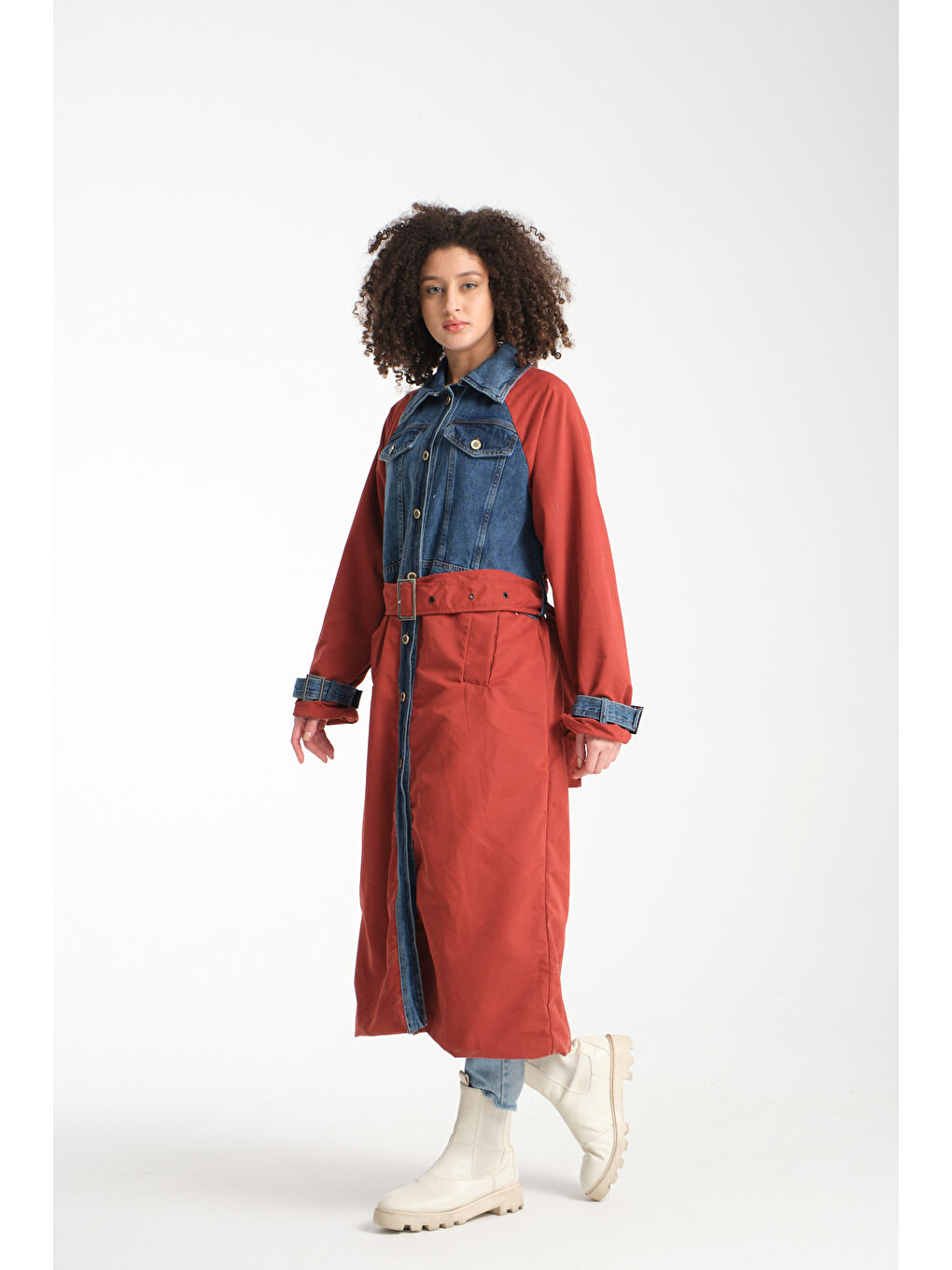 Kırmızı Kadın Denim Trençkot 1076-1