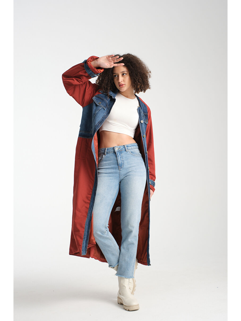 Kırmızı Kadın Denim Trençkot 1076-2