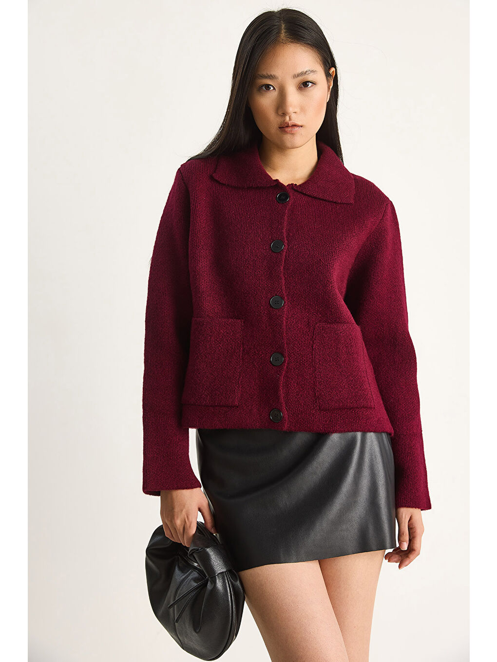 Bordo Kadın Cepli Hırka-4