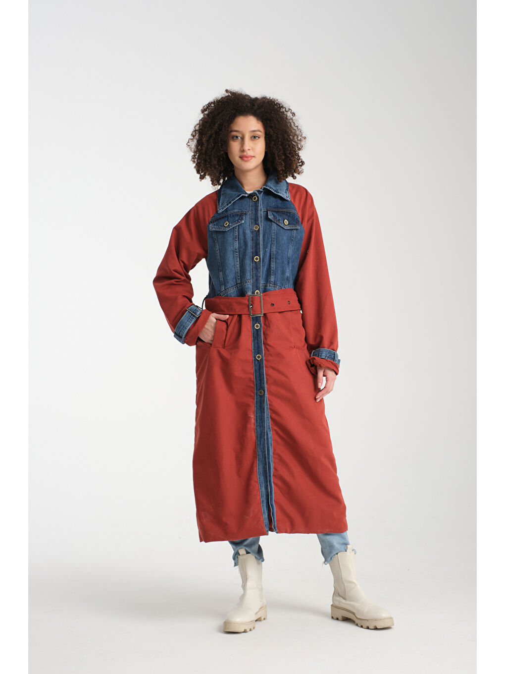 Kırmızı Kadın Denim Trençkot 1076-4