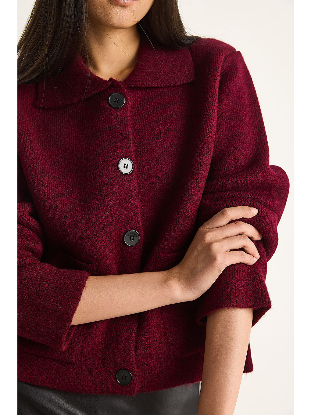 Bordo Kadın Cepli Hırka-5