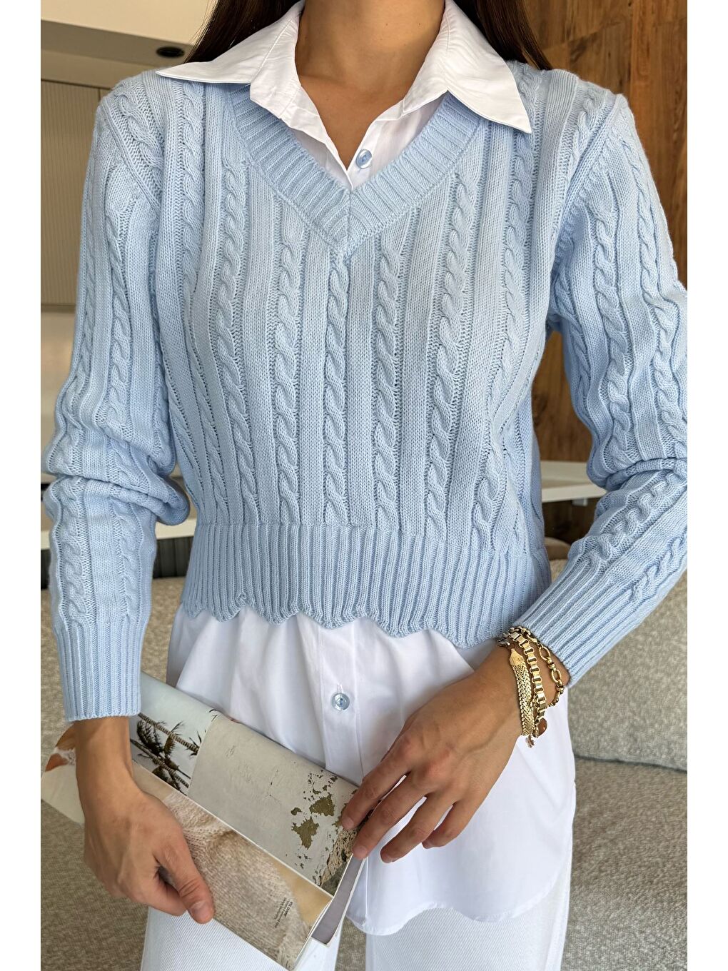 Mavi Kadın Gömlek Garnili Örgü Detaylı Triko Bluz ( S-m-l Beden Uyumludur)-1