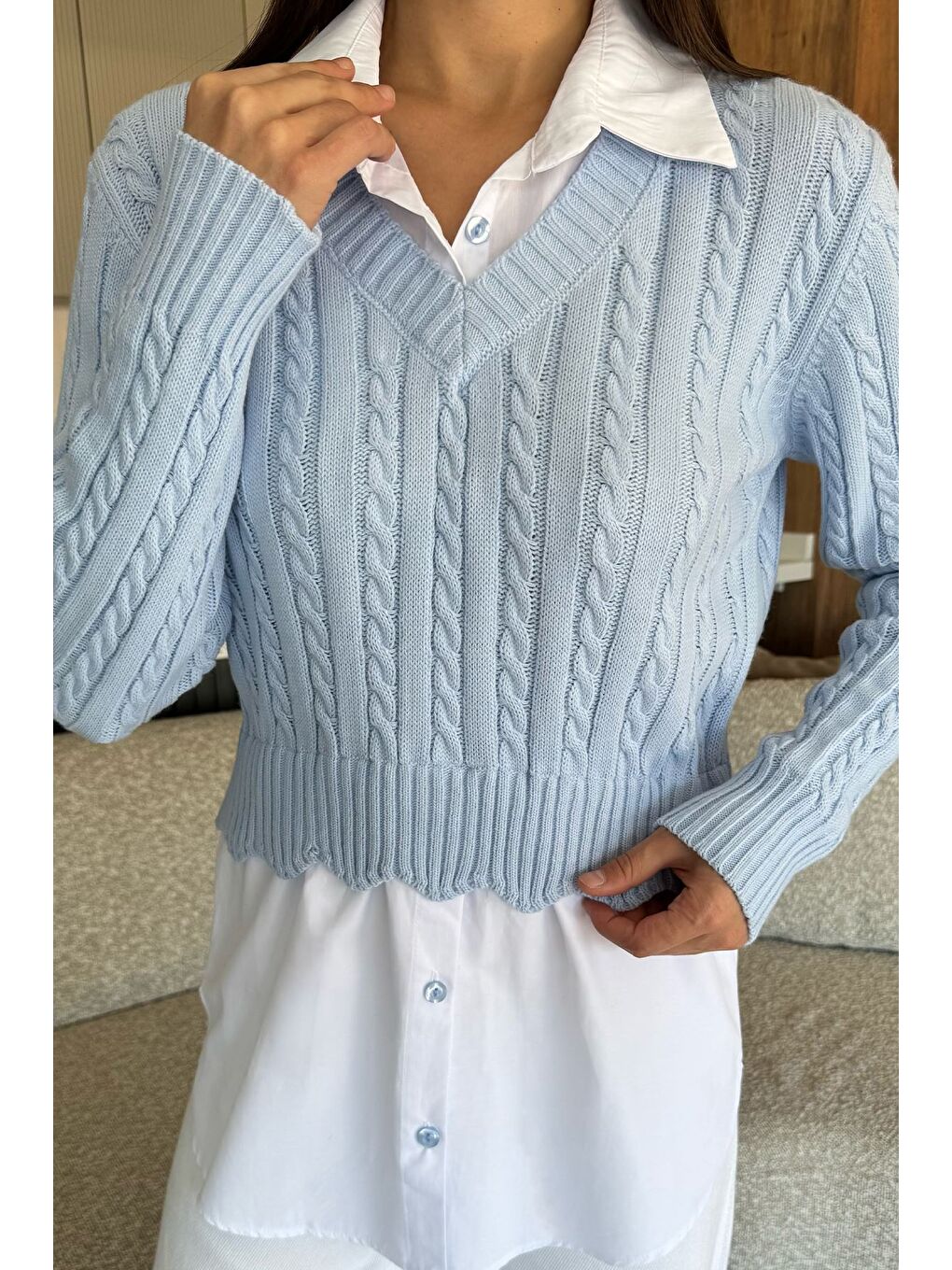 Mavi Kadın Gömlek Garnili Örgü Detaylı Triko Bluz ( S-m-l Beden Uyumludur)-2