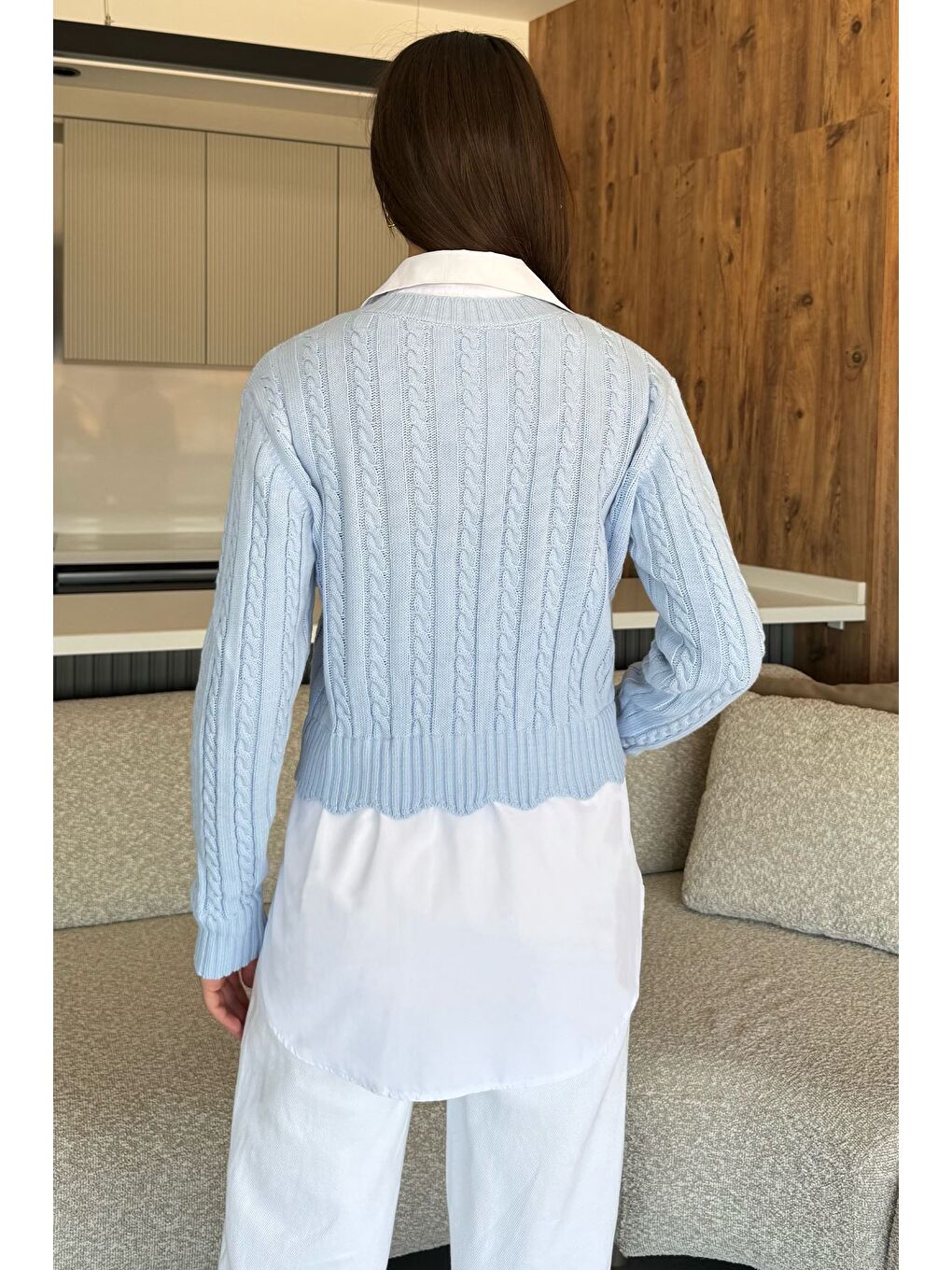 Mavi Kadın Gömlek Garnili Örgü Detaylı Triko Bluz ( S-m-l Beden Uyumludur)-3