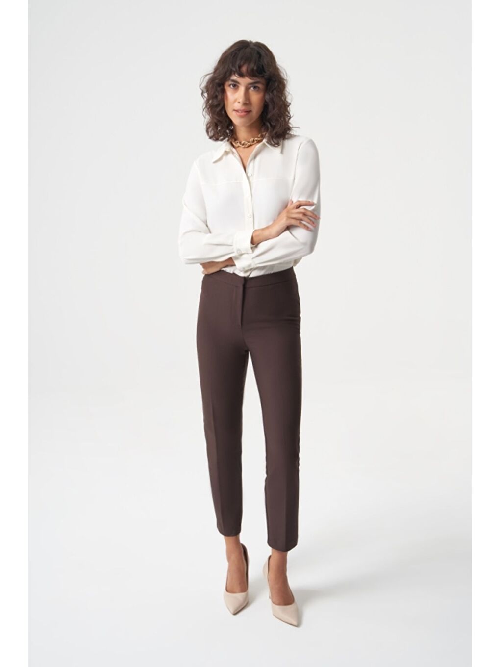 MZL Kahverengi  Dar Paça Cepli Klasik Kumaş Pantolon