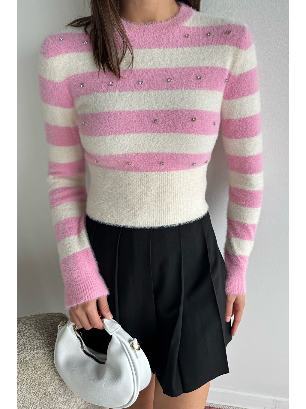 Pembe Kadın Taş Detaylı Crop Top Bluz
