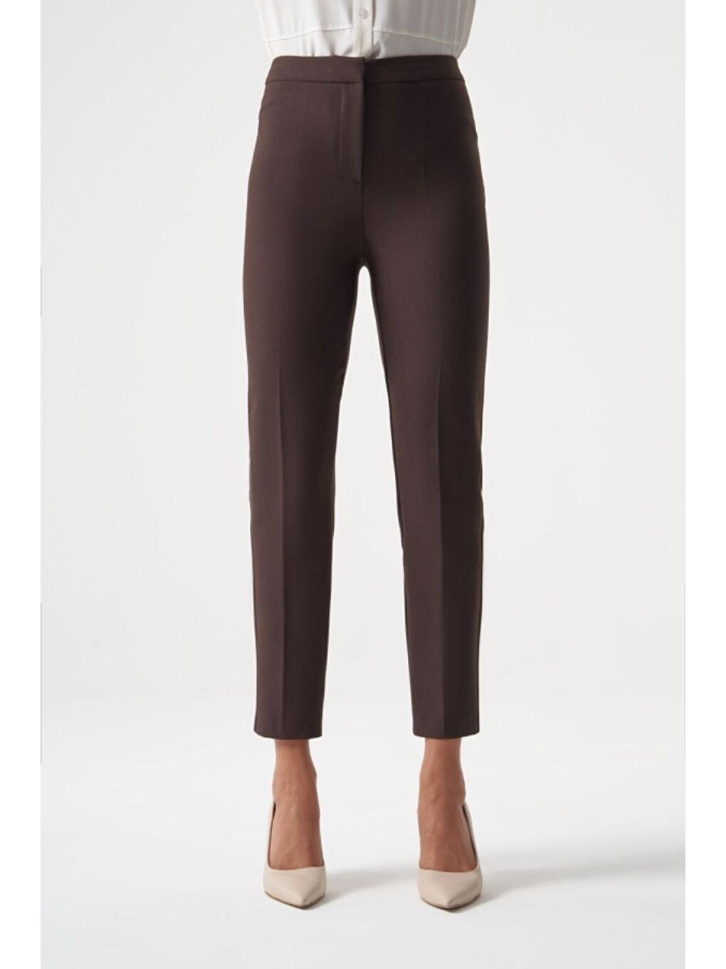 MZL Kahverengi  Dar Paça Cepli Klasik Kumaş Pantolon-2