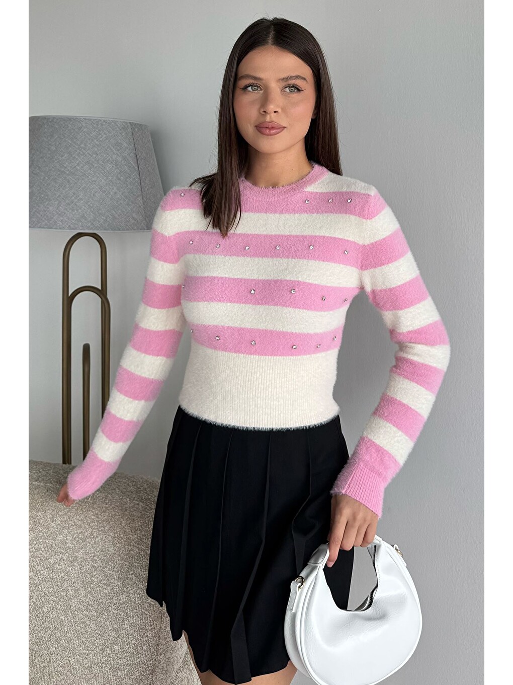 Pembe Kadın Taş Detaylı Crop Top Bluz-1