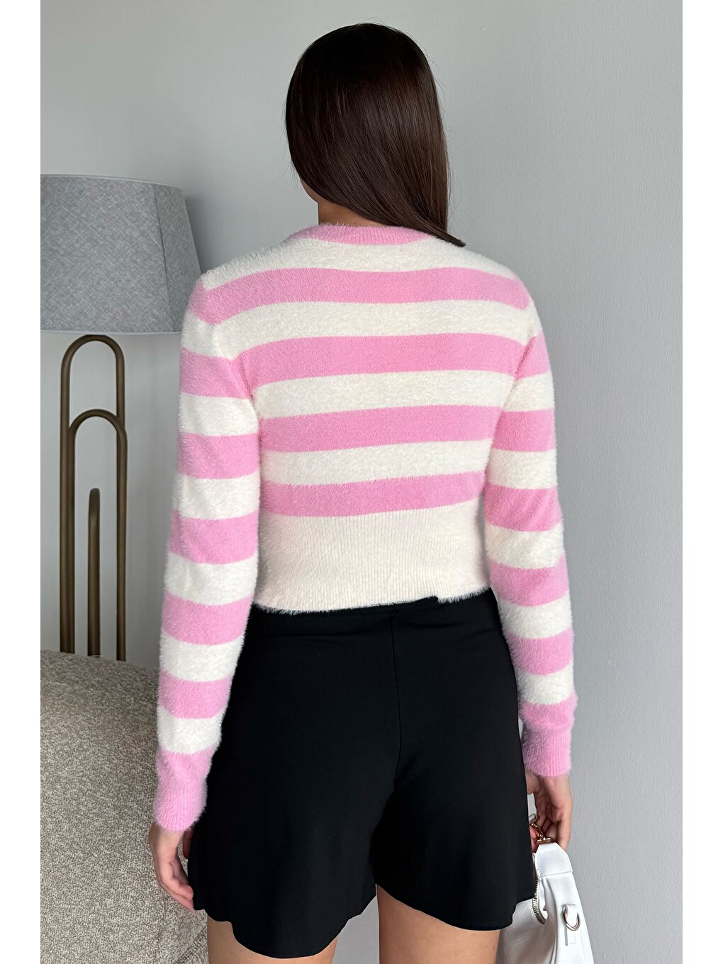 Pembe Kadın Taş Detaylı Crop Top Bluz-3