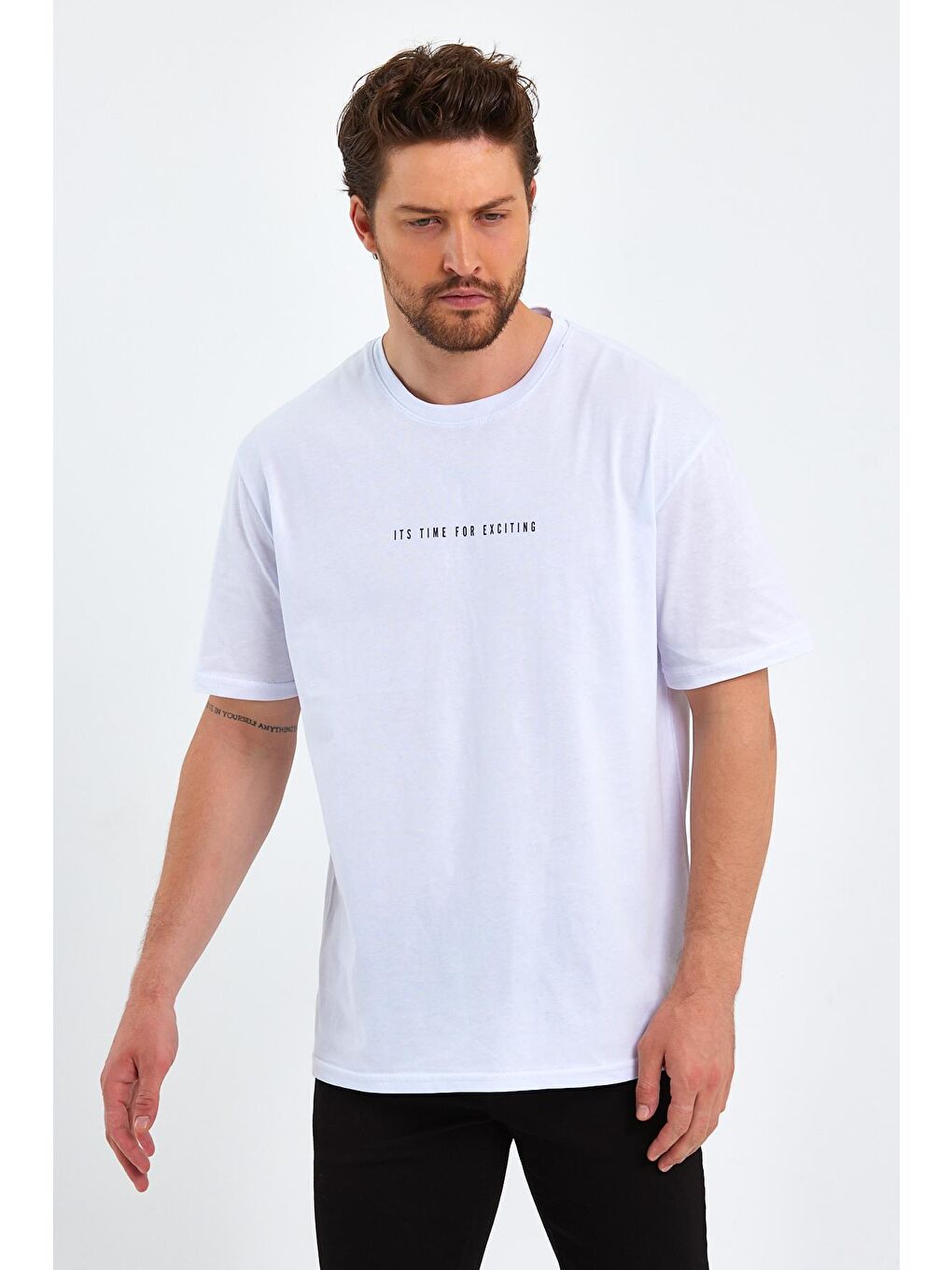 MMETALIC Beyaz Erkek Beyaz Baskılı Basic Oversize Bisiklet Yaka Kısa Kollu T-shirt