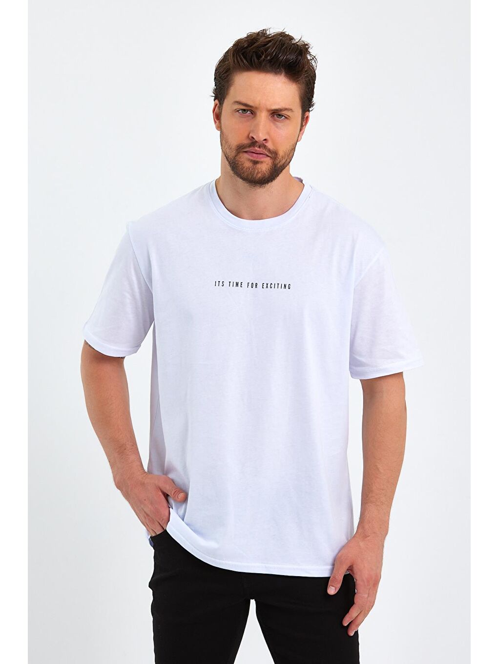 MMETALIC Beyaz Erkek Beyaz Baskılı Basic Oversize Bisiklet Yaka Kısa Kollu T-shirt - 2