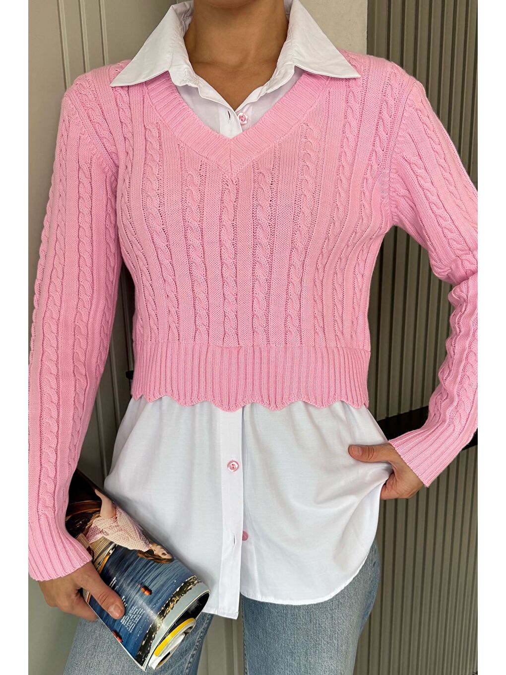 Pembe Kadın Gömlek Garnili Örgü Detaylı Triko Bluz ( S-m-l Beden Uyumludur)-1
