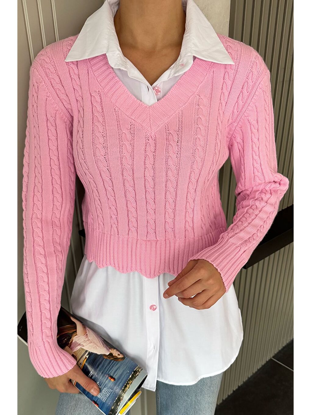 Pembe Kadın Gömlek Garnili Örgü Detaylı Triko Bluz ( S-m-l Beden Uyumludur)-2