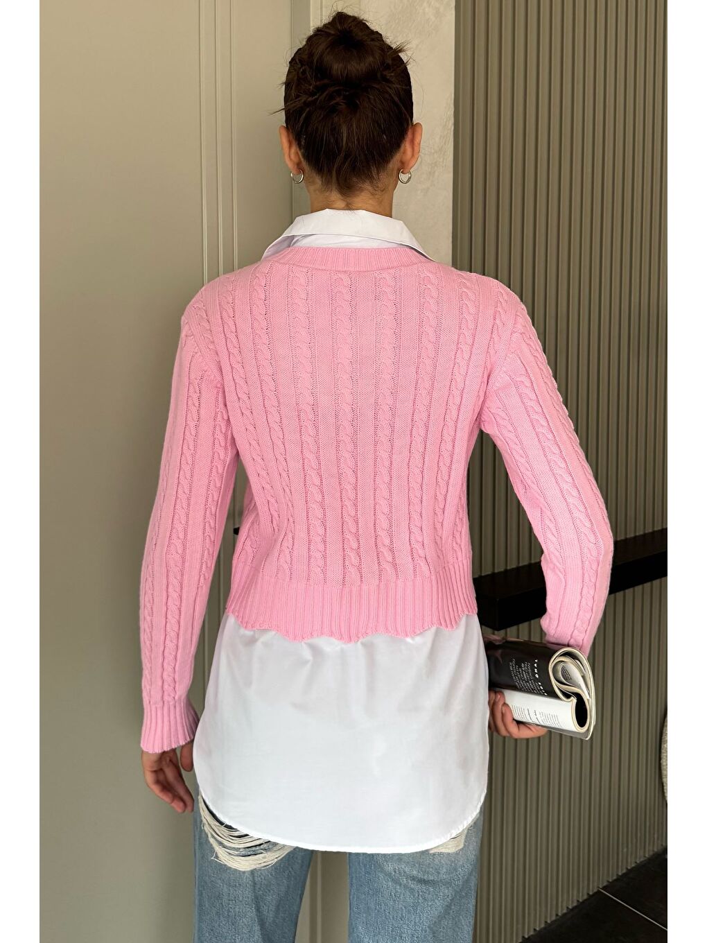 Pembe Kadın Gömlek Garnili Örgü Detaylı Triko Bluz ( S-m-l Beden Uyumludur)-3