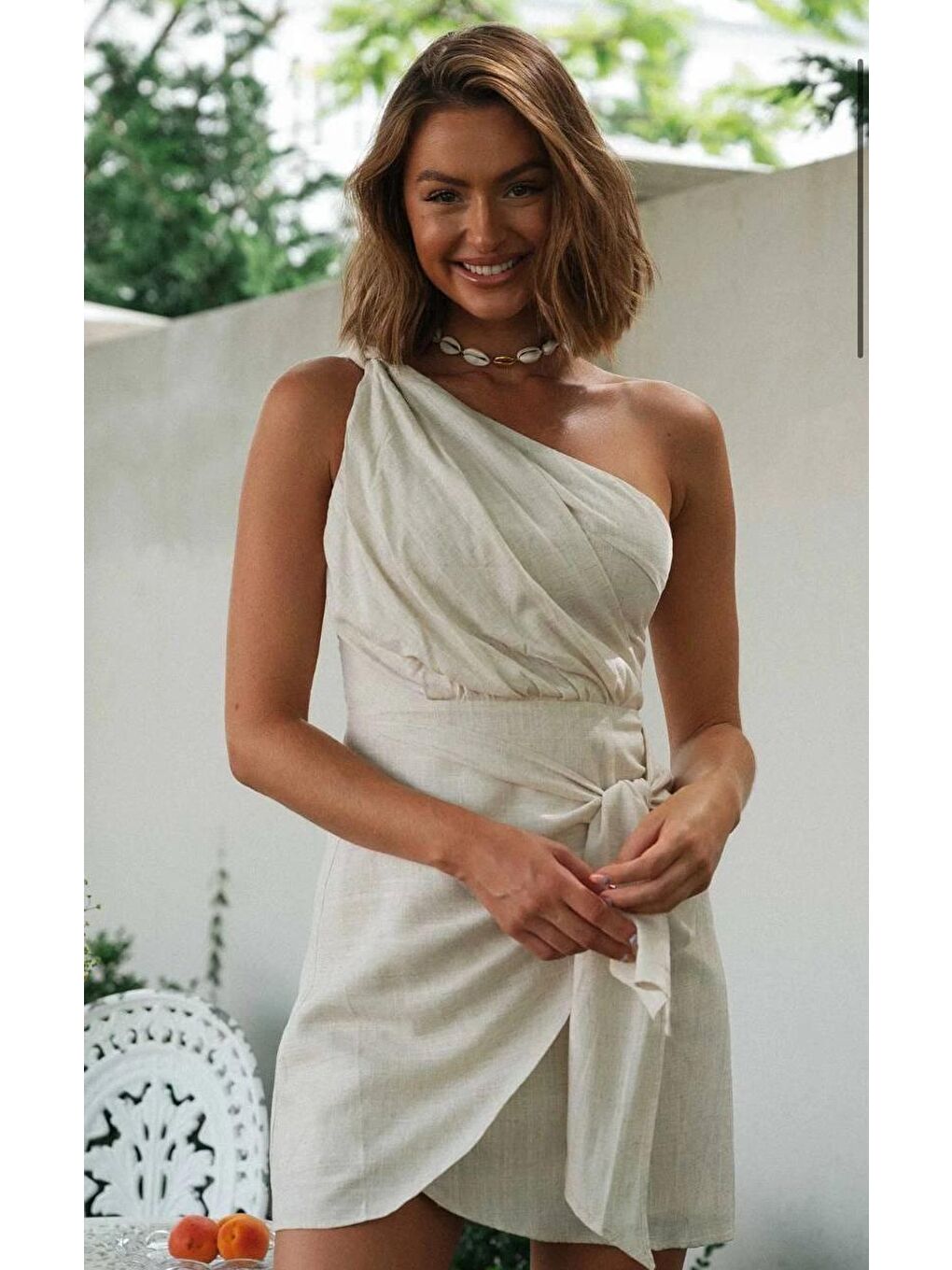 Kadın Bej Belden Bağlamalı Tek Omuz İthal Keten Elbise HZL24S-FRY121861