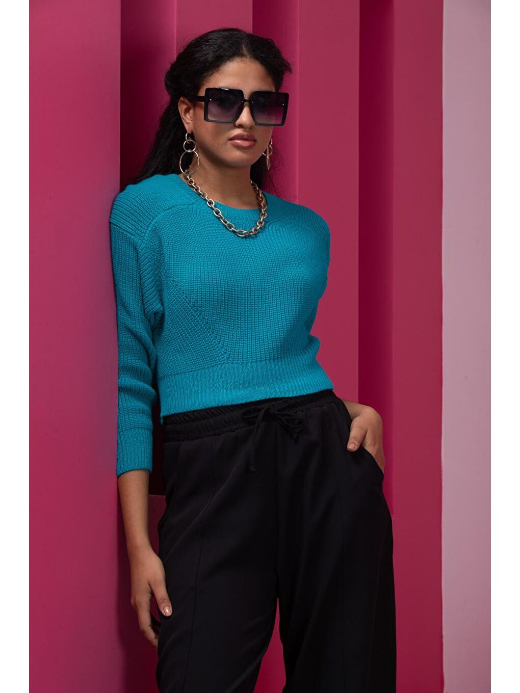 Turkuaz Kadın Selanik Örgü Triko Kazak