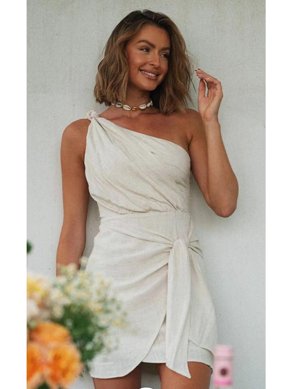 Kadın Bej Belden Bağlamalı Tek Omuz İthal Keten Elbise HZL24S-FRY121861-1