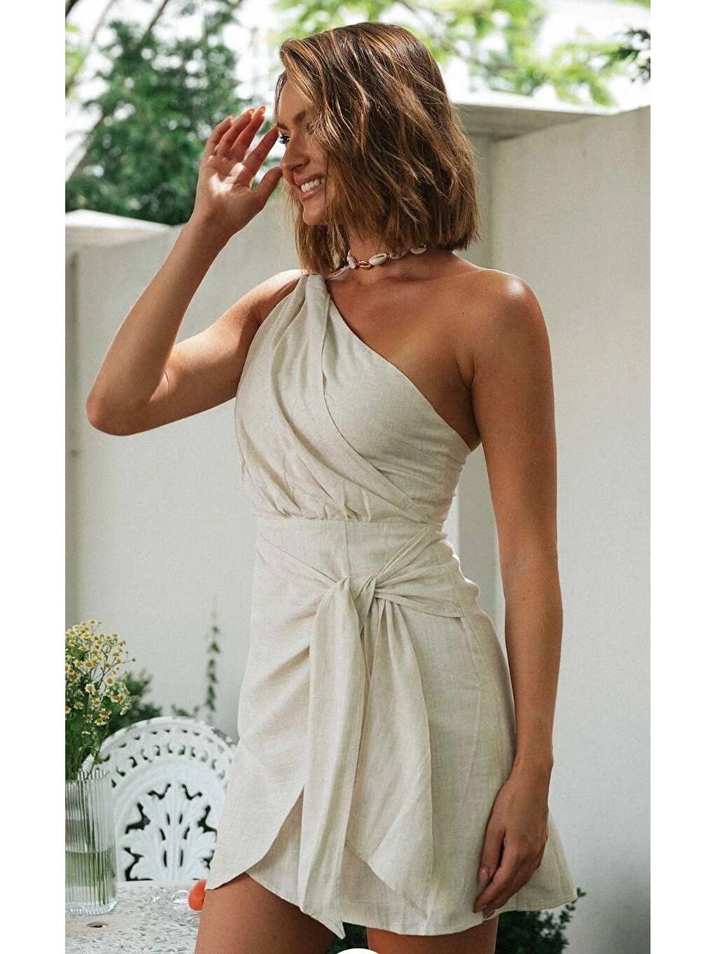 Kadın Bej Belden Bağlamalı Tek Omuz İthal Keten Elbise HZL24S-FRY121861-3