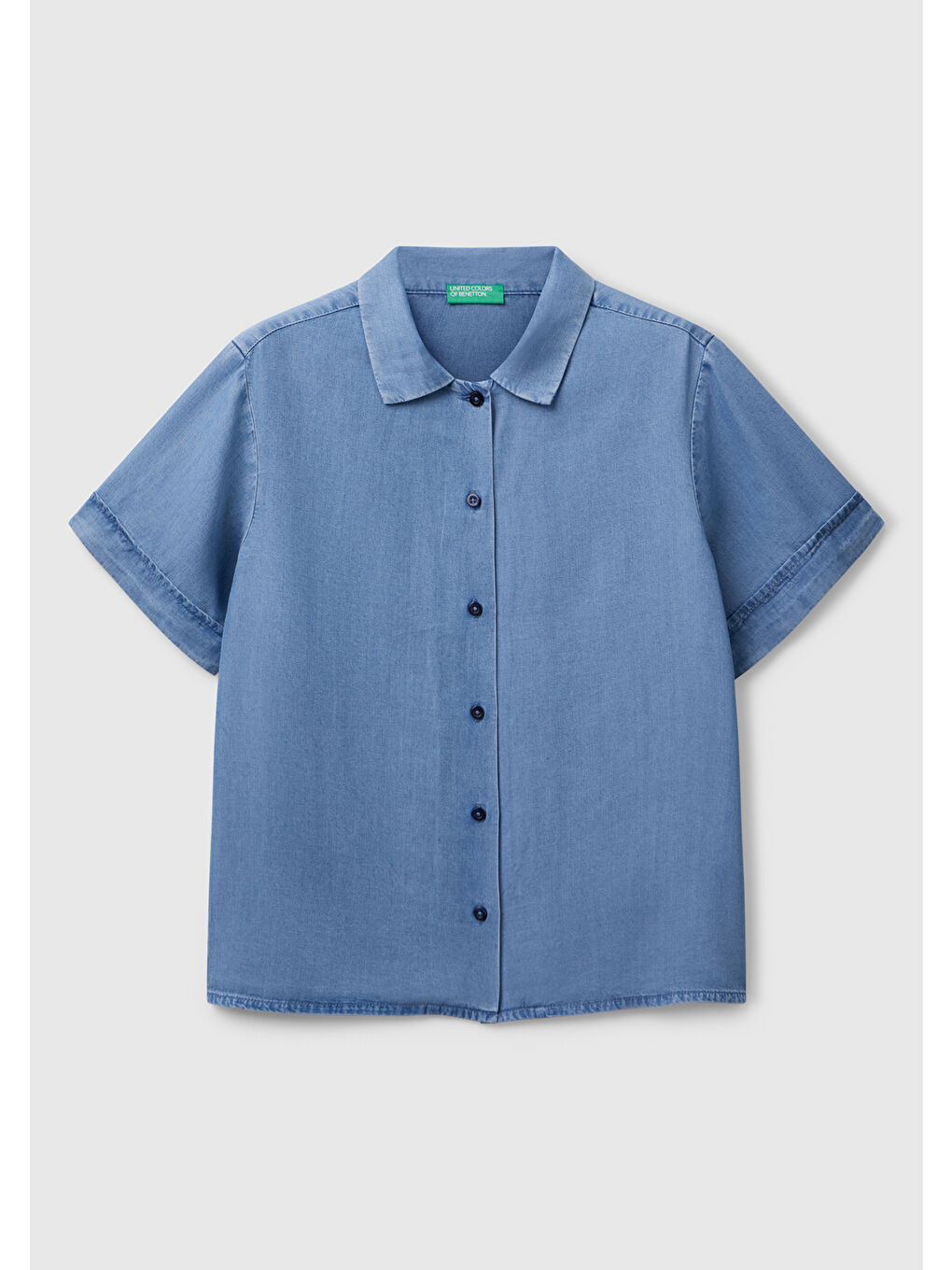 Kadın Açık Mavi %100 Liyosel Kısa Kollu Denim Gömlek-1