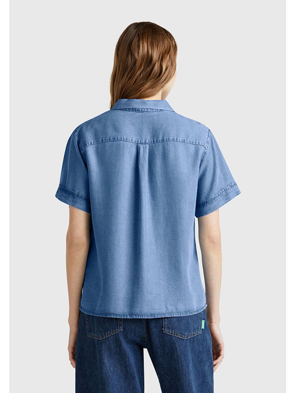 Kadın Açık Mavi %100 Liyosel Kısa Kollu Denim Gömlek-2