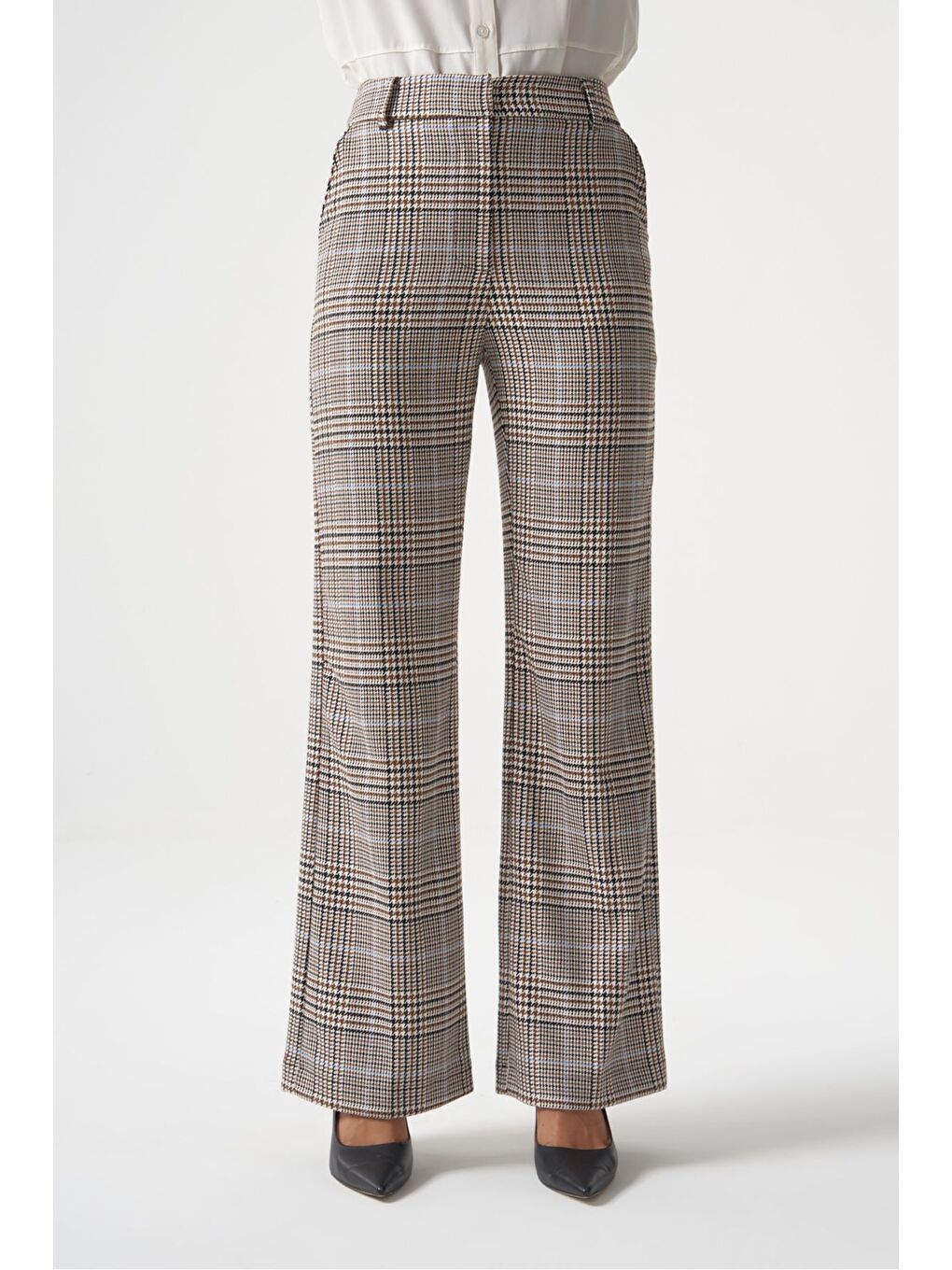 MZL Ekose Bej Desenli Geniş Paça Pantolon