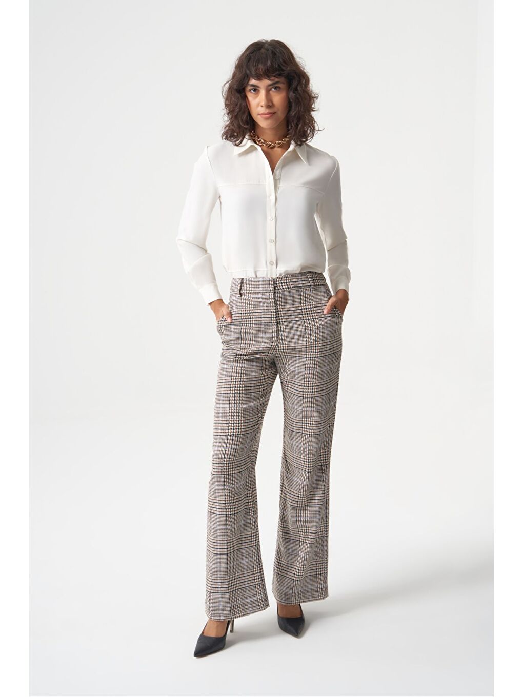 MZL Ekose Bej Desenli Geniş Paça Pantolon-3