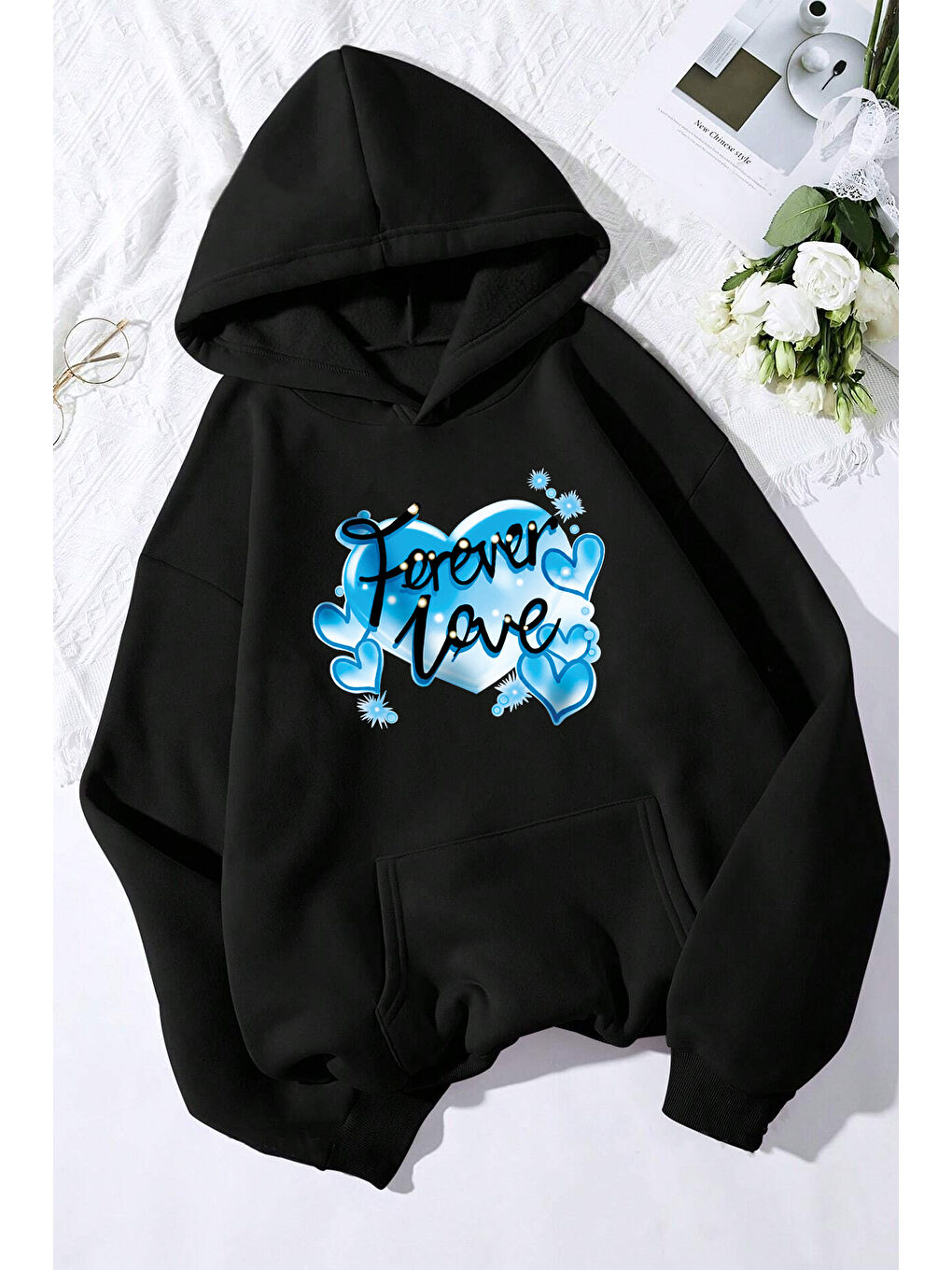 uyguntarz Siyah Forever Love Baskılı Unisex Oversize Sweatshirt