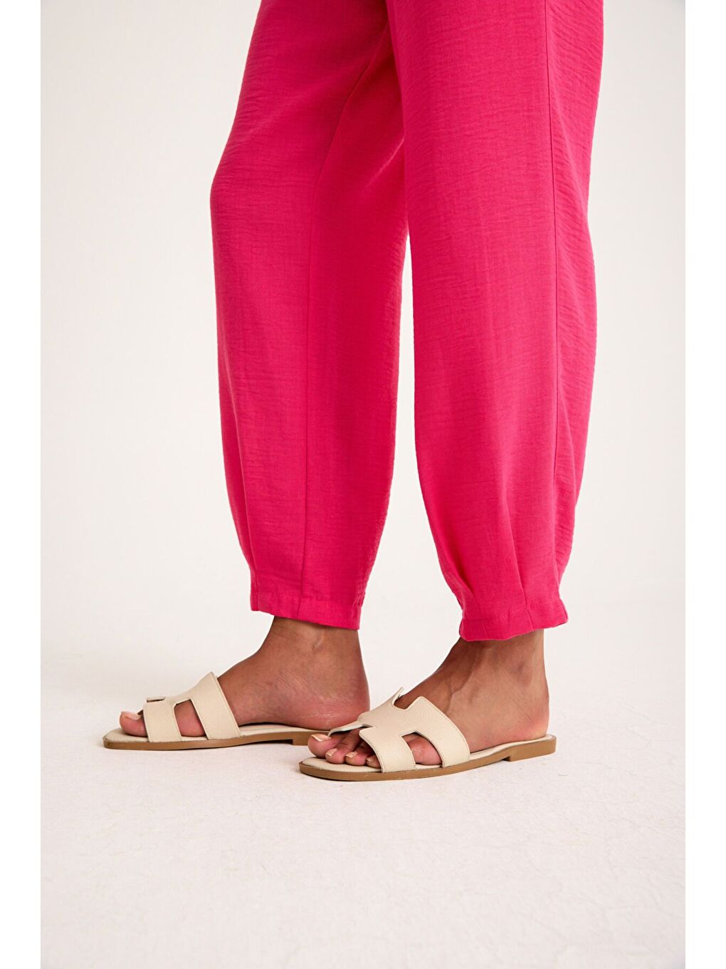 Pile Paça Keten Dokulu Fuşya Pantolon-1