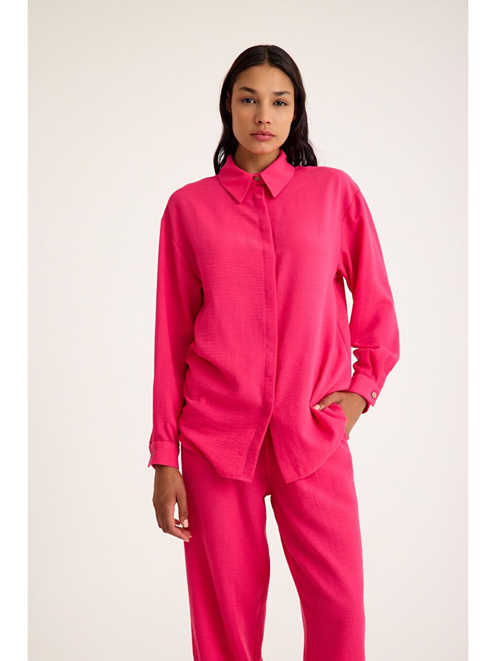 Pile Paça Keten Dokulu Fuşya Pantolon-2